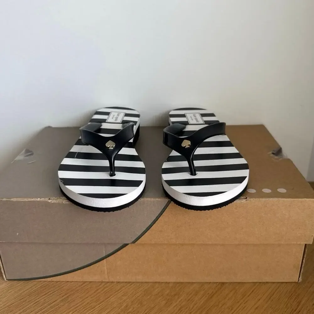 Kate Spade Black/White Striped Women Wedge Sandals - SZ 5